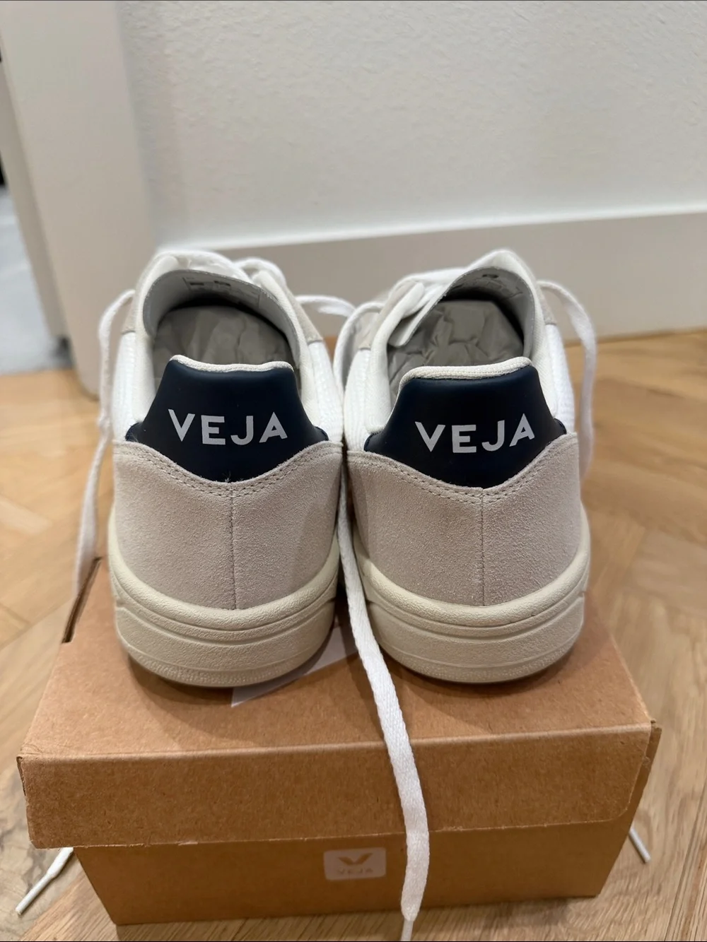 Veja Men's White and Beige Sneakers with Navy V Logo